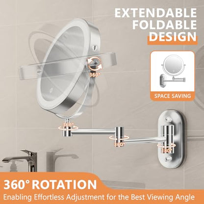 Auxmir 1X/30X Wall Mounted Makeup Mirror, 8" Rechargeable Magnifying Mirror | double-sided button, 3200mAh, 3 dimmable colors, 360° rotation, extended arm, 30X magnification, bathroom, chrome - color: 8'' 30x-chrome