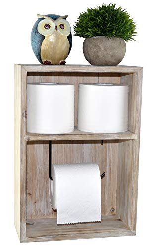Wall Mount Toilet Paper Holder, Decorative Tissue Paper Roll Dispenser Floating Shelf, Recessed Cubby Box Bracket Cabinet, Storage, Reserve, Organize for Bathroom, Rustic Torch Wood- Grey