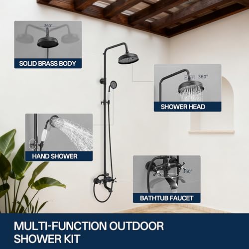 Homevacious Matte Black Outdoor Shower Kit Exposed Shower | 8 Inch High Pressure Rain Shower Head with Hand Spray Bathroom Shower Faucet System Double Knobs Cross Handle 3-function - color: Matte Black, style: 3-Function