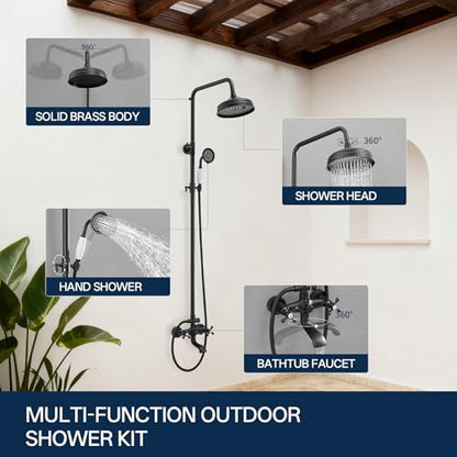 Homevacious Matte Black Outdoor Shower Kit Exposed Shower | 8 Inch High Pressure Rain Shower Head with Hand Spray Bathroom Shower Faucet System Double Knobs Cross Handle 3-function - color: Matte Black, style: 3-Function