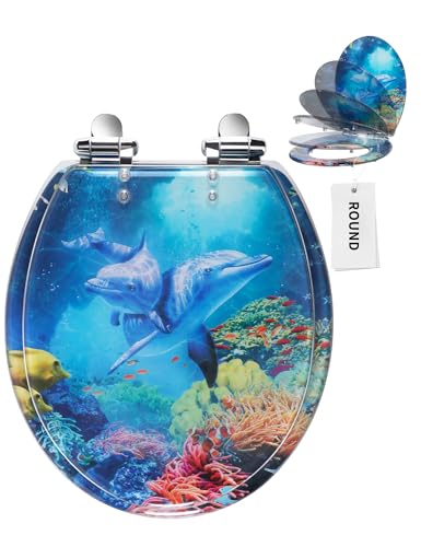 Angol Shiold ROUND Resin Toilet Seat Slow Close Blue Dolphins 16.5" | Quick Release Heavy Duty Acrylic Decorative Toilet Seats Easy to Install&Clean (Blue Dolphins) - color: Blue Dolphins Ocean
