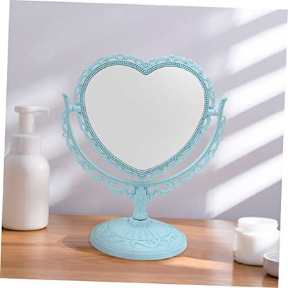 Lurrose Aesthetic Heart Shape Vanity Mirror Double Sided Makeup Mirror with 360 Degree Table Mirror with Stand for Bathroom, Bedroom (Blue) Heart Shaped Mirror