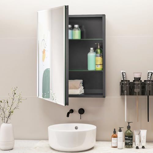 20 x 26 Black Recessed Medicine Cabinet with Mirror & Bathroom Wall Storage | Black Aluminum Bathroom Mirror Cabinet with Adjustable Shelves, Surface Mount Option for Organized Bathroom Vanity Toiletries - size: 20 x 26