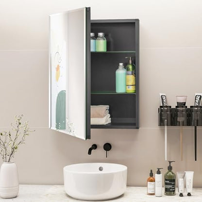 20 x 26 Black Recessed Medicine Cabinet with Mirror & Bathroom Wall Storage | Black Aluminum Bathroom Mirror Cabinet with Adjustable Shelves, Surface Mount Option for Organized Bathroom Vanity Toiletries - size: 20 x 26