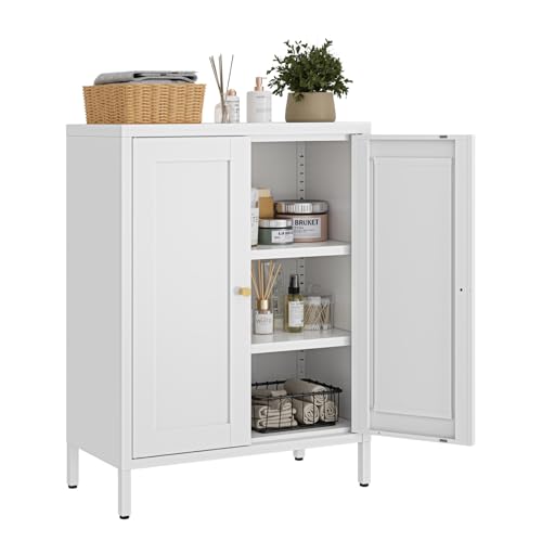 Small Metal Storage Cabinet,23.6 Inch Wide 11.8 Inch Deep,Bathroom Cabinet with Adjustable Shelves,3-Tier 31.5" Tall Shaker Cabinet for Kitchen Entryway Living Room,White - color: White, size: 11.8"D x 23.6"W x 31.5"H