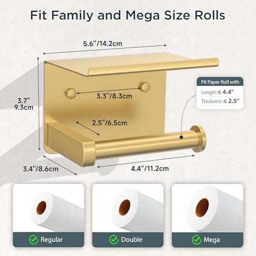 FORIOUS Toilet Paper Holder with Shelf, Adhesive or Screw, Brushed Gold | Wall Mount Toilet Paper Roll Holder for Bathroom, Stainless Steel Commercial Toilet Tissue Roll Dispenser with Phone Shelf - color: Brushed Gold