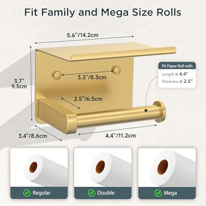 FORIOUS Toilet Paper Holder with Shelf, Adhesive or Screw, Brushed Gold | Wall Mount Toilet Paper Roll Holder for Bathroom, Stainless Steel Commercial Toilet Tissue Roll Dispenser with Phone Shelf - color: Brushed Gold