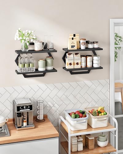 Hexagon Floating Shelves for Wall, Set of 2, 2 -Tier Hanging Shelves, Wall Mounted Storage Shelves, for Living Room, Bedroom, Kitchen, Home Office, Study, Black TBJ06P2BB - color: Black