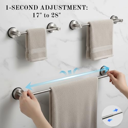 Suction Cup Towel Bar 17-28 Inch Adjustable Retractable Stainless Steel Towel Rack for Bathroom, RV & Renters - No Drill Heavy Duty Wall Mounted Holder, Removable for Glass & Tile (1, Silver) - color: Silver