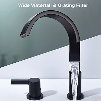 TRUSTMI 3 Hole Matte Black Bathroom Faucet 8 Inch Widespread, Brass Lavatory Vanity Sink Faucet with Overflow Pop-Up Drain and cUPC Waterlines, 360 Degree Swivel Spout - color: Matte Black
