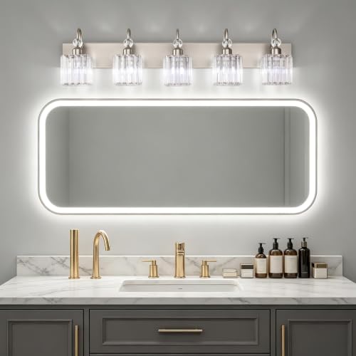 Ralbay Brushed Nickel Bathroom Vanity Light Crystal Modern 5 Light Bathroom Wall Lighting Fixtures Over Mirror - color: Square-Brushed Nickel, size: 5-light