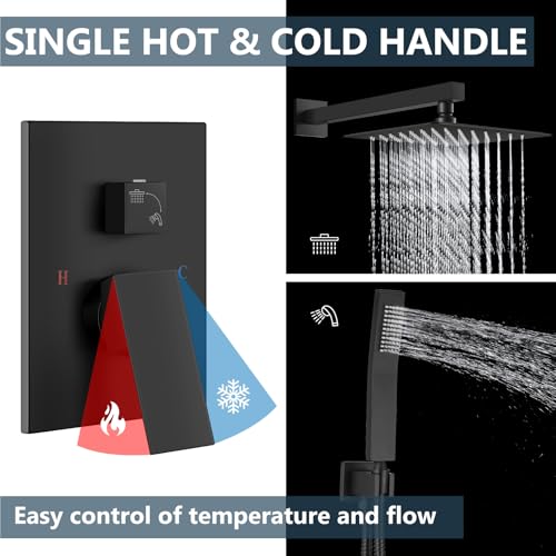 Aolemi Shower Faucet Set with Handheld Matte Black 8 Inch Head | Pressure Balance Shower Valve and Trim Kit,SUS304 Rain Head and Handle System,All Metal,Wall Mount,Bathroom,Handheld Spray - color: Black, size: 8 Inch Wall Mount Shower Head
