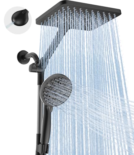 Dual Handheld Shower Head Combo, 2-in-1 Rain Shower Heads System Wide Rainfall Shower Head and 10 Modes High Pressure Hand Held Showerhead with Built-in Power Wash - color: Matte Black, size: 10 Inch Standard