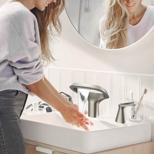 Bathroom Faucets for Sink 3 Hole, Bezeit 8 Inch Brushed Nickel Bathroom Faucet, Solid Brass Widespread Bathroom Faucet with Adjustable Waterfall Spout 2 Handles and 2 Supply Hoses - color: Brushed Nickel, style: Modern
