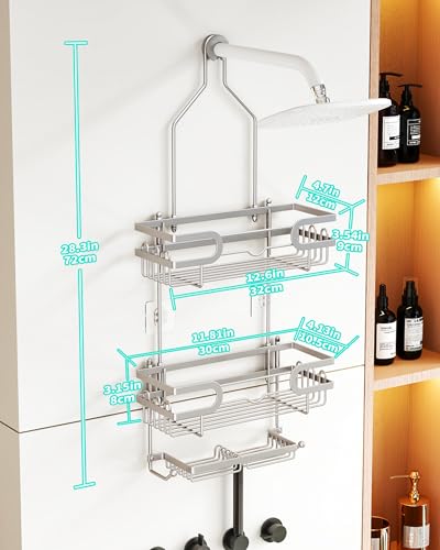 HapiRm Bathroom Hanging Shower Caddy - Rustproof Shower Shelf with 12 Hooks and 2 Soap Holders, No Drilling Bathroom Organizers and Storage - Brushed Nickel - color: Brushed Nickel(Large)