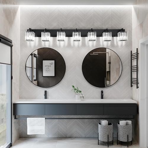 Aipsun Black Vanity Light Crystal Bathroom Lighting Fixtures Modern Bathroom Vanity Light 7 Light (Exclude Bulb) - color: Black, size: 58 inch