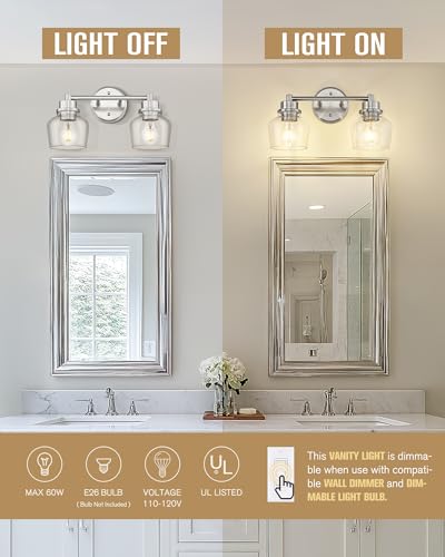 Emak 2-Light Vanity Lights, Brushed Nickel Bathroom Lights Over Mirror with Clear Glass Shade, Modern Bathroom Wall Sconces, VL122-BN-CG-2 - color: Brushed Nickel & Clear Glass, size: 2 Light