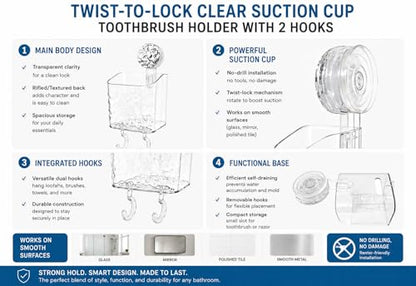 HOME&I Clear Suction Cup Toothbrush Holder for Shower Wall, Twist-to-Lock Drill-Free Bathroom Organizer with 2 Hooks, Self-Draining Wall Storage for Toothpaste, Razor & Accessories - size: 1 Pack / Clear