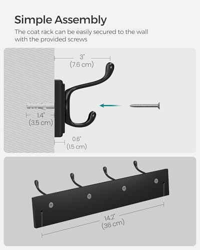 SONGMICS Wall-Mounted Coat Rack, Hook Rack, 4 Dual Metal Hooks, Black | For Coats, Bags, Keys, in the Entryway, Bedroom, Living Room ULHR023B01 - color: Black, size: 1 Pack-4 Hooks
