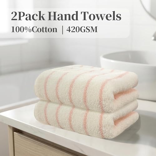 VOOVA & MOVAS Pink Bathroom Hand Towels 2 Pack, 100% Cotton, 13x28 in | Designed for Bathroom & Kitchen Use, Hanging Loop, 420GSM Weight, Ultra Absorbent, Soft & Durable - color: Pink Stripe