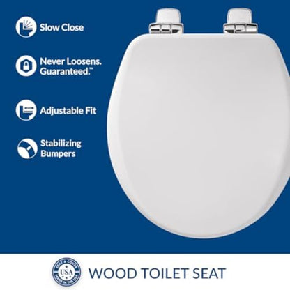 Bemis Alesio Slow Close Toilet Seat, Sleek Chrome Hinges and Adjustable Perfect Fit Wood Seat, Made in USA, Round, White - color: White & Chrome, size: Round