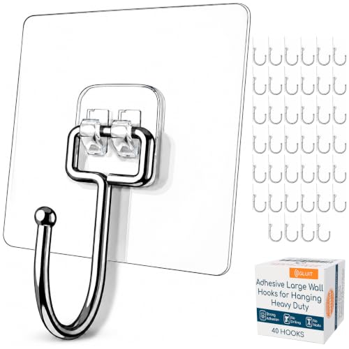 Adhesive Large Wall Hooks for Hanging Heavy Duty 22 lbs Hooks for Walls No Drill, Towel Sticky Clear Hooks, Waterproof, Home, Bathroom, Kitchen, Office, and Outdoor 40 Pack - size: Large, 40 pcs