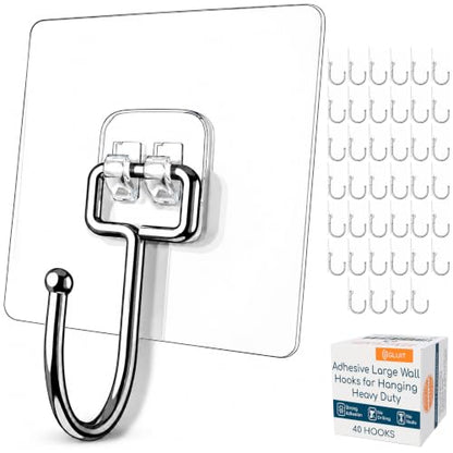 Adhesive Large Wall Hooks for Hanging Heavy Duty 22 lbs Hooks for Walls No Drill, Towel Sticky Clear Hooks, Waterproof, Home, Bathroom, Kitchen, Office, and Outdoor 40 Pack - size: Large, 40 pcs
