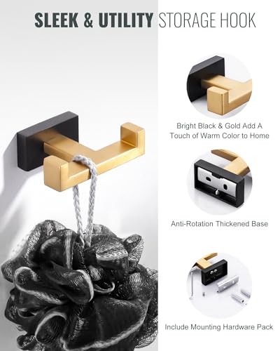 Double Bathroom Towel Hook - Modern Gold & Black Tower Holder - Heavy Duty Robe Hooks for Wall - Stainless Steel Shower Towel Hanger - color: Gold & Black