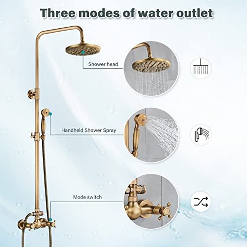 NeierThodore Antique Brass Bathroom Shower Faucet System Set 8 Inch Rainfall Shower Head Handheld Spray 2 Knobs Mixing - color: Antique Brass, size: 8 Inch 2 Modes