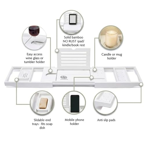 Bamboo Bathtub Caddy Tray Expandable & Foldable Bath Shelf with Book, Tablet & Wine Holder Adjustable Wooden Bath Tray for Relaxing Spa at Home – Fits Most Tub Sizes. - color: White