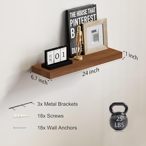 SAUMONIERES Floating Wall Shelves for Bedroom Bathroom Wall Mounted Solid Wood Shelf 24 Inch Set of 3, Walnut Floating Shelves - color: Walnut, size: 24 Inch-3 shelves