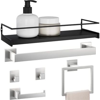 Brushed Nickel Bathroom Accessories Set with 15.7" x 5.9" Shelf, 6 Pcs (5+Shelf) - color: Brushed Nickel