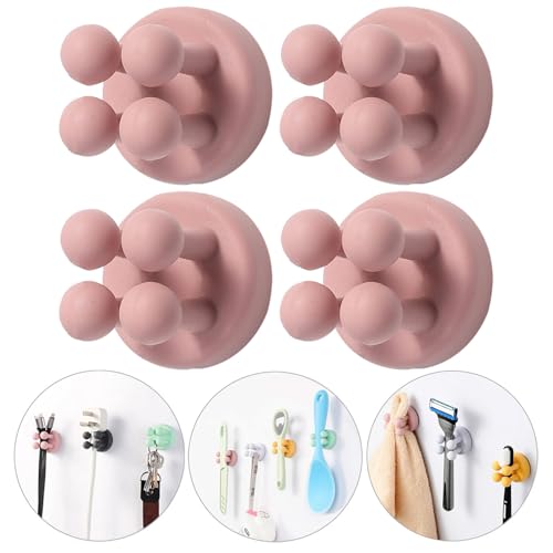 Razor Holder Shaver Hook Hanger Stand - 4Pcs Silicone Toothbrush Holders for Shower Wall Mounted Self Adhesive Cute Utility Dorm Room Bathroom Kitchen Organizer Storage Hook for Hanging Loofah Towel - color: Pink