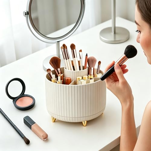 360 Rotating Makeup Brush Holder Organizer, 5-Slot Spinning Cosmetics Cup for Makeup Brushes, Nail Polish & Art Supply, Bathroom Vanity Desktop Caddy, Beige