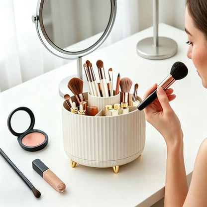 360 Rotating Makeup Brush Holder Organizer, 5-Slot Spinning Cosmetics Cup for Makeup Brushes, Nail Polish & Art Supply, Bathroom Vanity Desktop Caddy, Beige