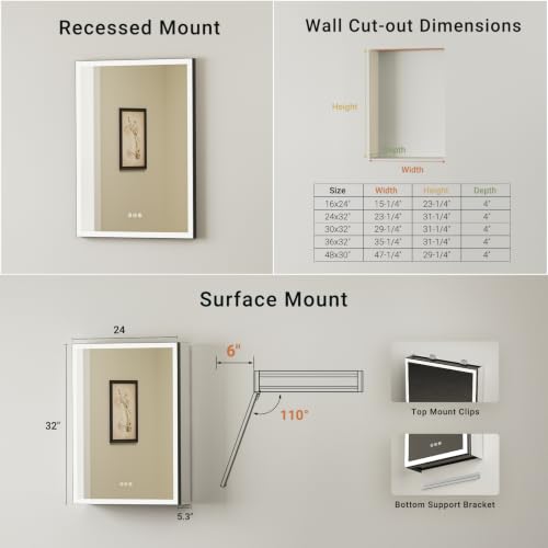24x32 Black Medicine Cabinet Mirror with Lights, AL Alloy Frame, Plug-in/Hardwired, Recessed/Wall Mount, Defog, 3-Color Dimmable Lights, USB-C&USB-A+ 2 Outlets, 3 Shelves, Left Hinge - size: 24x32(L)