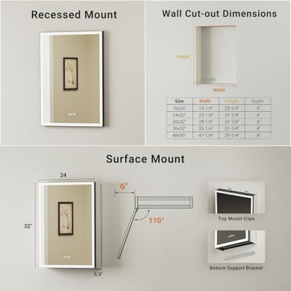 24x32 Black Medicine Cabinet Mirror with Lights, AL Alloy Frame, Plug-in/Hardwired, Recessed/Wall Mount, Defog, 3-Color Dimmable Lights, USB-C&USB-A+ 2 Outlets, 3 Shelves, Left Hinge - size: 24x32(L)