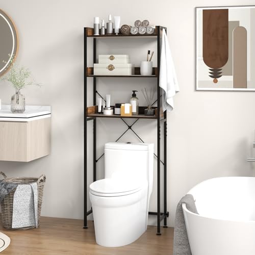 Giantex Over The Toilet Storage Rack, 3-Tier Bathroom Space Saver Organizer with Adjustable Bottom Bar to Fit Most Toilets, Freestanding Above Toilet Storage Rack, Easy Assembly (Brown + Black) - color: Brown + Black