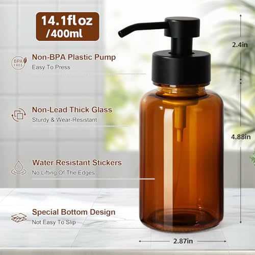 Amber Foam Soap Dispenser, 14.1 oz/400ml Foaming Hand Soap Dispenser, 2 Pack Glass Foaming Dispenser for Bathroom & Kitchen, Refillable Liquid Dispenser Bottle with Waterproof Labels - color: Amber Bottle+black Pump