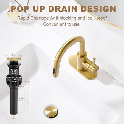 Gold Bathroom Sink Faucet with Pull Down Sprayer | 2 Mode Sprayer, with Deck Plate for 1 or 3 Hole, 360° Swivel, with Pop Up Drain for Vanity Bar RV Basin Laundry - color: Brushed Gold