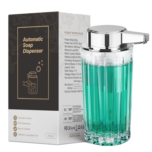 Automatic Soap Dispenser Foam for Kitchen: 11 OZ Glass Touchless Clear Auto Foaming Soap Dispenser for Bathroom - Hand Dish Lotion Home Countertop Kids - Family Couple - color: Vertical Stripe Style Foam
