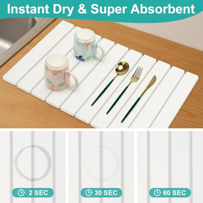 3 Pcs Large Stone Dish Drying Mat Kitchen Sink Counter Diatomite Dish Pad | Diatomaceous Earth Mats for Kitchen Countertop Quick Fast Drying Stone Mat Absorbent Tray Dry Matt Soap Dishes Drainer Mat - color: White
