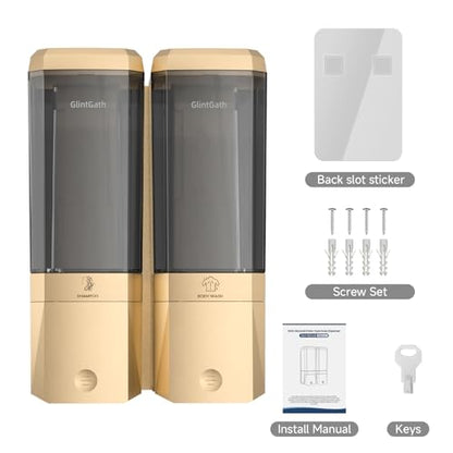 Shampoo and Conditioner Dispenser,Shower Dispenser 2 Chamber No Drill Shampoo Dispenser for Shower Wall Mounted Shower Soap Dispenser for Bathroom Hotel,Large Capacity 2 * 500ML,Gold - color: Gold 2 Chamber