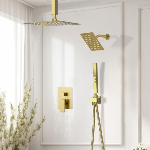 STARBATH Shower Faucet Set Shower System with Diverter Valve, Brushed Gold | 12 Inch Ceiling Mount Rain Shower Head, 6 Inch Wall Mount Rainfall Shower Head and 2-in-1 Handheld Spray for Two Person - color: Gold, size: 12"+6"-03