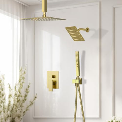 STARBATH Shower Faucet Set Shower System with Diverter Valve, Brushed Gold | 12 Inch Ceiling Mount Rain Shower Head, 6 Inch Wall Mount Rainfall Shower Head and 2-in-1 Handheld Spray for Two Person - color: Gold, size: 12"+6"-03