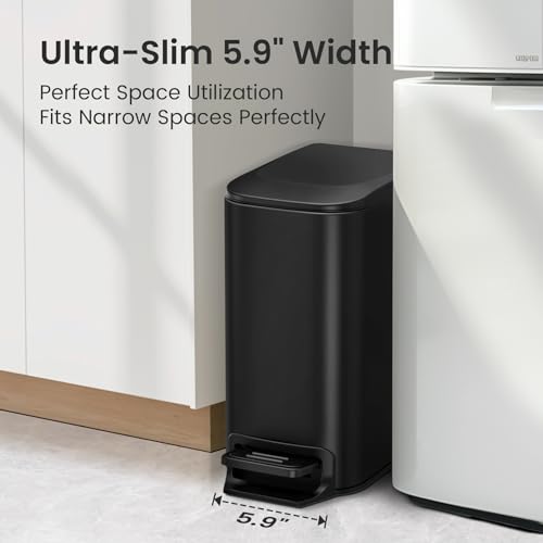 Cesun Small Bathroom Trash Can with Lid, 1.6 Gal, Soft Close, Matte Black | Step pedal soft close, Slim 5.9in fits narrow spaces, Stainless steel, Anti-fingerprint, Removable inner bucket, Odor seal - color: Matte Black