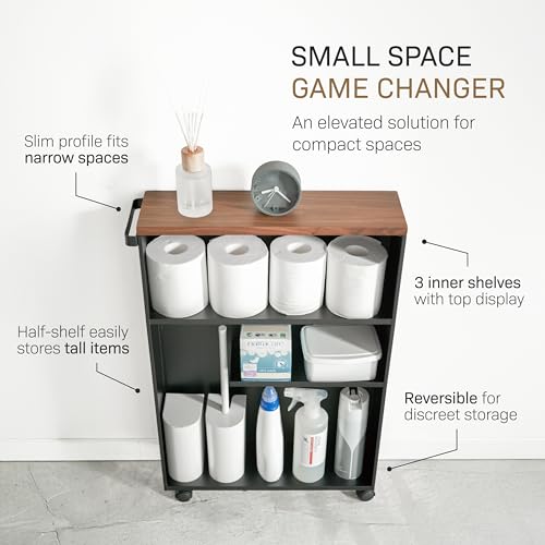 YAMAZAKI Home Slim Rolling Storage Cart – Narrow Bathroom Storage Cabinet with Handle, Slim Bathroom Storage Cart with Wheels, Easy Assembly, Steel + Wood, Black - color: Black