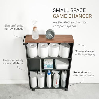 YAMAZAKI Home Slim Rolling Storage Cart – Narrow Bathroom Storage Cabinet with Handle, Slim Bathroom Storage Cart with Wheels, Easy Assembly, Steel + Wood, Black - color: Black
