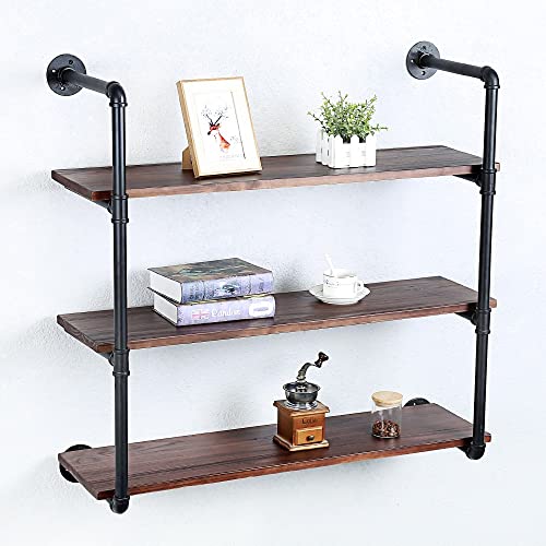 Industrial Pipe Shelves With Wood Planks,Rustic Pipe Shelving Wall Shelf | Metal Pipe Solid Pine Wood,Easy to Assemble,Wooden Board Thickness 0.78 In,For Bar Farmhouse Kitchen Office Bathroom,Bedroom - color: 3-layer, size: 36in