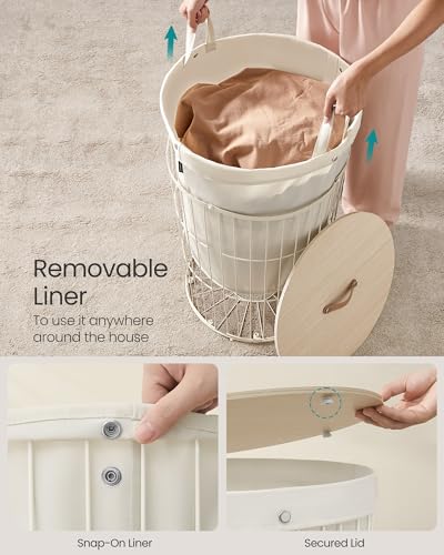SONGMICS Laundry Hamper with Lid, Round, 25 Gallons (95 L) | Laundry Basket, Versatile, Large Capacity, Removable Fabric Liner, Cream, STOUT Collection ULCB160W01